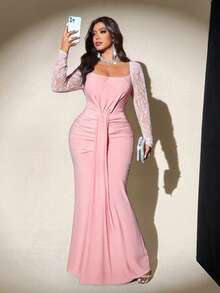 Viva Relle Plus Size Women's Solid Square Neck Lantern Sleeve Dress, Romantic For Wedding Guest, Graduation Ceremony, Prom, Holiday, Wedding Guest, Elegant, Birthday, Church, Night Out,Party,Luxury Evening Dresses For Women,Pink Skirt - Pink - View 1