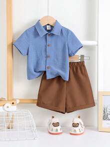 2pcs/Set Baby Boy/Girl Casual Solid Color Short Sleeve Shirt And Elastic Waist Shorts Set, Suitable For Summer Home, Outing, Travel And Vacation - Multicolor - View 6