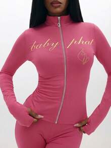 BABYPHAT Long Sleeve Zip Up Top With Text Print And Gold Accents Fitted Jacket For Casual Wear - Light Yellow - View 5