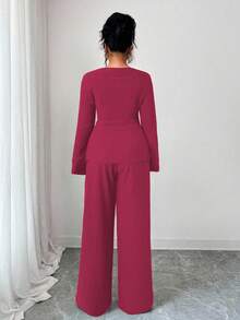 Elenzga Plus Size Women's French Style Elegant Textured Chiffon Long Sleeve 2-Piece Set,Magenta Autumn Office Classy Lounge Pant Sets - Hot Pink - View 2