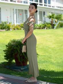 Andrea Bello 女式不对称领口结肩优雅连衣裙，夏季 - 軍綠色 - 查看 3