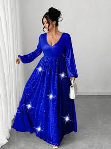 Elenzga Plus Size Women's Elegant Party Dress, V-Neck Sequin Mesh Patchwork Flared Hem Waist Cinched Solid Color Long Sleeve Evening Dress Royal Blue Shimmer Royal Blue Dress Plus Size Evening Gown Evening Gown Plus Size Royal Blue Dress Sequin Dress