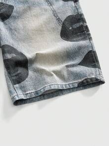 ROMWE MEN Street Life Men's Pocket & Lip Print Digital Casual Denim Shorts - Multicolor - View 4
