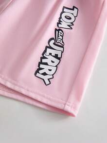 TOM & JERRY X SHEIN 女童可爱卡通图案短袖T恤短裤套装，夏季 - 白色 - 查看 6