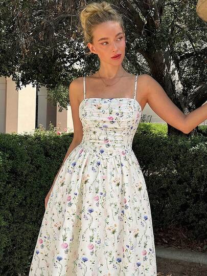 SHEIN MOD Vestido romántico de longitud media con volantes y estampado floral sobre base blanca