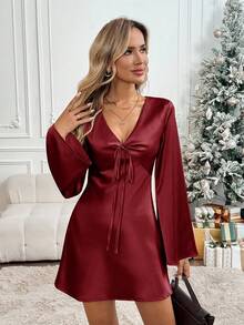 Easowa Đầm ngắn nữ cổ chữ V thắt nơ tay loe eo dáng chữ A, kiểu dáng thoải mái, thanh lịch, phù hợp đi làm, phong cách retro mùa thu/đông. - Màu Đỏ Sâu - Xem 5