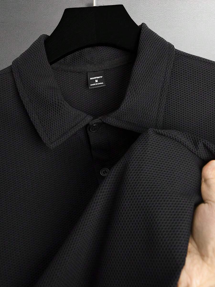 Manfinity Homme 男士加大码休闲纯色短袖 Polo 衫，夏季男士网眼衬衫，男士高尔夫球衫，针织衫，男士黑色 Polo 衫 - 黑色 - 查看 1