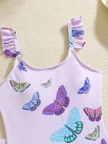 SHEIN 少女可爱蝴蝶结印花肩带荷叶边连体泳衣，适合夏季游泳、度假、海滩穿着 - 彩色 - 查看 8