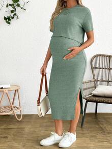 SHEIN 2pcs Maternity Solid Color Casual Short Sleeve Top And Skirt Set - Mint Green - View 4