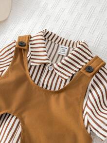 SHEIN 3pcs Baby Boy Preppy Style Outfit Set: Striped Shirt, Khaki Shorts, Suspender Pants, Bow Tie. Suitable For Birthday Party, Rave, Evening Party, Performance, Wedding, Baby Shower, 1st Birthday Celebration