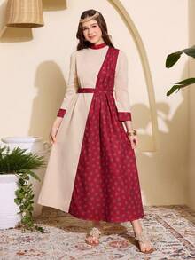 1pc Traditional Arab Abaya Dress, Teen GirlMandarin Collar Long Sleeve Khaki Patchwork Rose Print Cinched Waist Dress, Spring/Autumn - Khaki - View 6