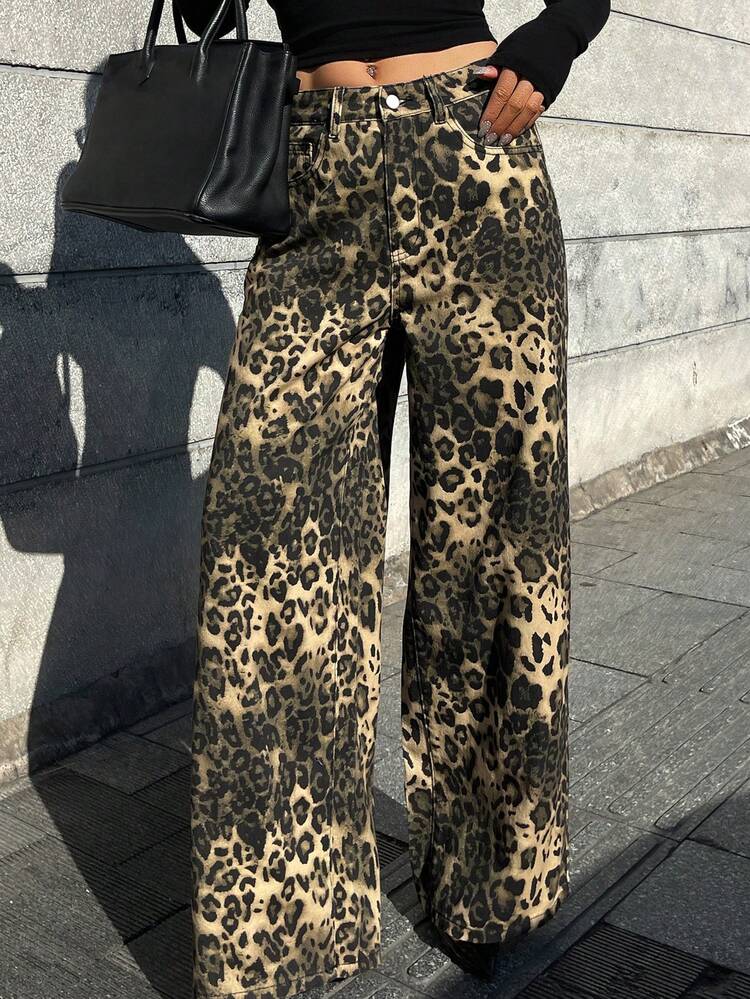 Women's Leopard Print Cargo Pants, Straight Leg Loose Casual Trousers, Washed Leopard Denim Jeans