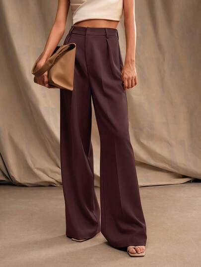 Anewsta Savoree Women's Casual/Office Commute Simple Versatile Solid Color Maillard High Waist Loose Seam Front Wide Leg Pants