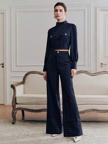 Anewsta French Chic Striped Cropped Stand Collar Puff Sleeve Fitted Slim Blouse, French Chic Striped Straight Casual Women 2 Pieces Set - Navy Blue - View 1