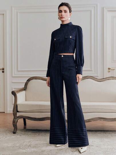  Anewsta French Chic Striped Cropped Stand Collar Puff Sleeve Fitted Slim Blouse, French Chic Striped Straight Casual Women 2 Pieces Set