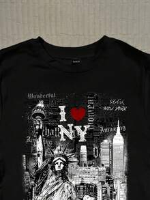 Attitoon Áo thun nữ tay ngắn cổ tròn dáng ôm, phong cách cổ điển, thường ngày, in chữ "I Love NY", tượng Nữ thần Tự do và phong cảnh New York, phù hợp cho mùa hè, phong cách vintage, sinh viên, đa năng, gợi cảm, dễ thương, Y2K, Coconut Girl, Boho, Hippie, lễ hội âm nhạc, thích hợp cho mùa thu/đông. - màu đen - Xem 4