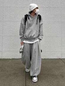 DAZY Men's Thermal Lined Gray Utility Pocket Design Hoodie Set, Autumn/Winter - Grey - View 3
