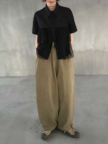 FRIFUL Women's Summer Solid Color Layered Pleated Ruffle Splice Sheer Mesh Loose Casual Versatile Blouse - Black - View 2