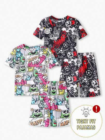 4pcs/Set Boys' Snug Fit Cartoon Monster Print Short Sleeve Top And Shorts Set, Casual, Comfortable, Soft, Breathable, Cute Summer Loungewear