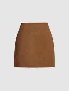 SHEIN PETITE CURVE Plus Size Solid Color Studded Decorated Fitted Skirt - Brown - View 2