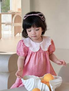1pc Baby Girls' Summer Pink Checkered Puff Sleeve Dress,Delicate White Embroidered Collar,Loose Fit Ruched Hem,Sweet Cute Pastoral Picnic Dress,2025 - Pink - View 5