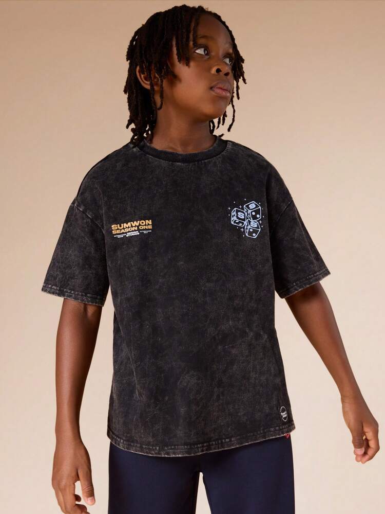 Oversized Washed Tee With Dice Graphic