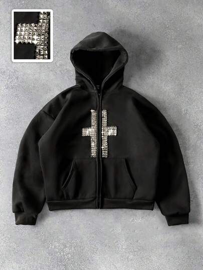 Felpa con cappuccio casual da uomo di moda da strada con decorazione a rivetto a croce e cerniera, adatta per l'uso quotidiano, autunno/inverno