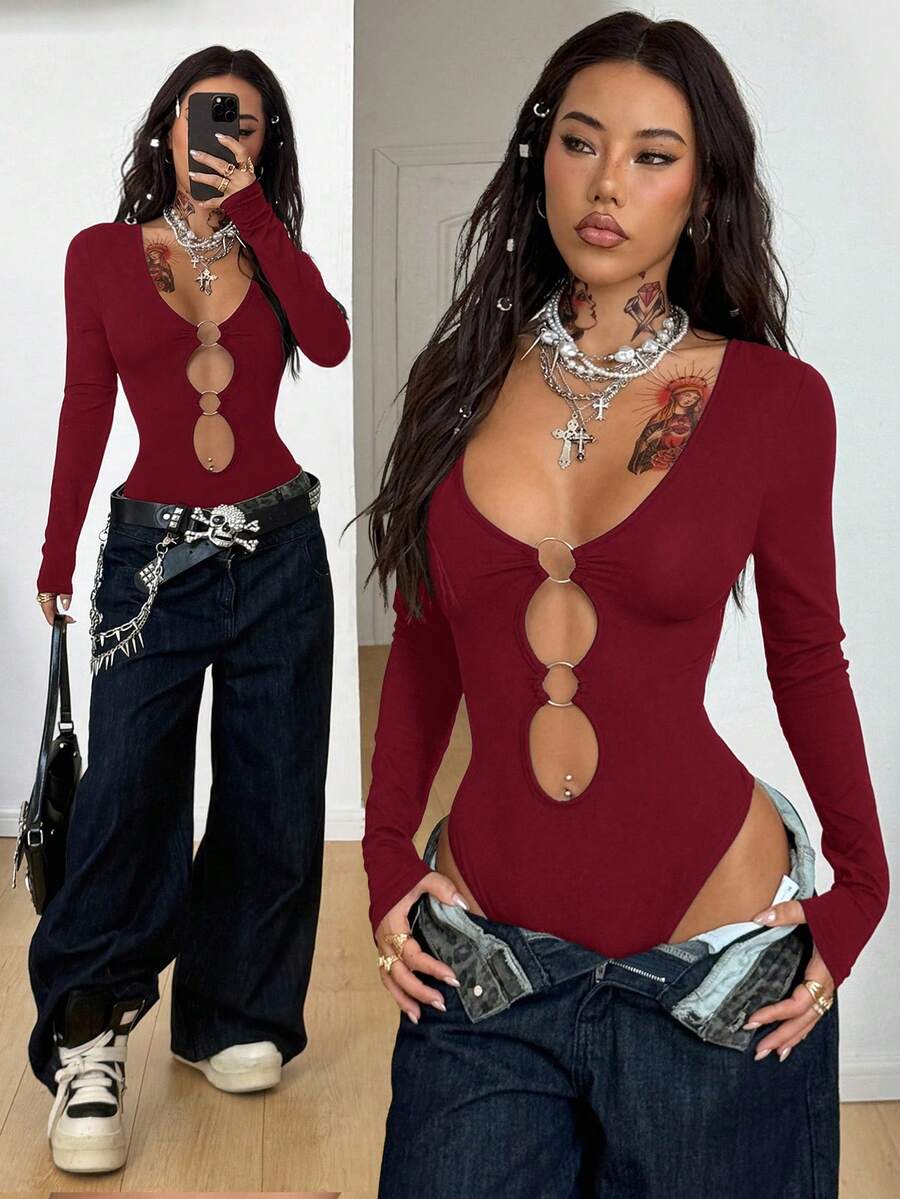 Coolane 女士秋季/四季街头风锐舞派对音乐节Y2K辣妹风镂空弹力长袖黑色连体裤 - 紅色 - 查看 1