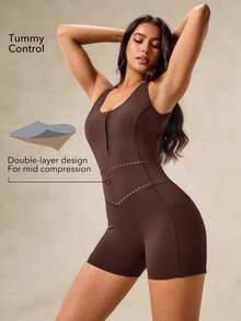 OutZeal Women Tummy Control Cool Touch Backless Removable Pads Half-Zip Outdoor Jumpsuit Camping Hiking - Brown - View 2