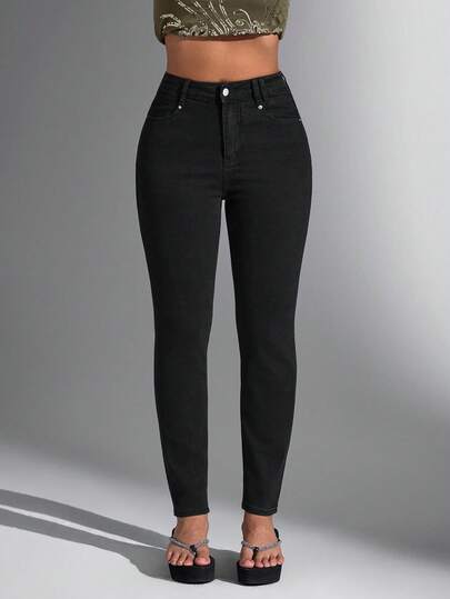 SHEIN Jeanoir Jeans de talla grande, de unicolor, de ajuste ceñido y versátiles