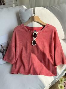 Comfortcana Spring Cotton Washed Snow Flake Print Plus Size Red Short Sleeve T-Shirt - Red - View 8