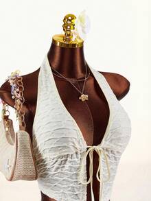 Amplova Deep V-Neck Halter Tie-Up Super Low Waist Striped Mini Shorts 2 Pieces Set - Apricot - View 5