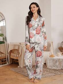 Serenescape Vacation Style Women Floral Print Bubble Collar Cardigan Long Sleeve Pajama Set - Multicolor - View 4