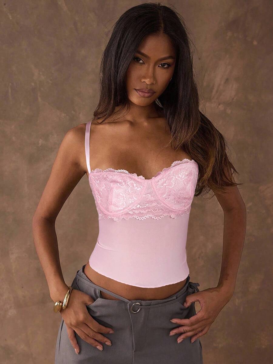 SHEIN BAE Women's Contrast Lace Cropped Fitted Camisole - Coral Pink - View 1