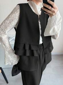 FRIFUL Women's Solid Color Layered Ruffle Hem Commuter Vest And Straight Leg Suit Pants Set - Black - View 6