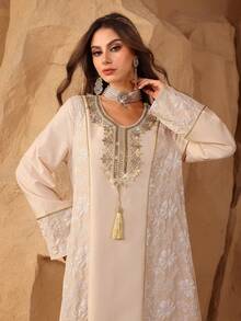 Al Najma Casual Loose Comfortable Jacquard Patchwork Solid Color Long Sleeve Women Turkish Tunic & Arabic Traditional Robe Kaftan Jalabiya Dress - Apricot - View 6