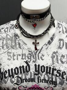 StreetHx Women's Punk Letter Print Casual Short Sleeve T-Shirt - Black - View 4