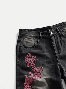 ROMWE MEN Street Life Men's Casual Washed Floral Embroidery Denim Shorts, Summer - Black - View 6