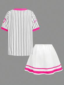 SHEIN Girlism Bộ đồ đôi cho bé gái tuổi teen gồm áo thun ngắn tay cổ chữ V phối màu tương phản và chân váy xếp ly, thích hợp cho mùa hè, đi học, dễ thương, dã ngoại gia đình mùa xuân, và mặc hàng ngày. - Màu Hồng Tươi - Xem 2