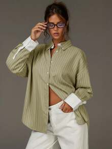 Athîral 女士时尚休闲条纹印花纽扣长袖衬衫 - 綠色 - 查看 1