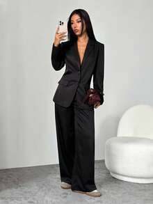 SHEIN PETITE Bộ vest quần dài tay rộng rãi họa tiết màu đen tối giản dành cho nữ trẻ, trang phục công sở thường ngày cơ bản - màu đen - Xem 7