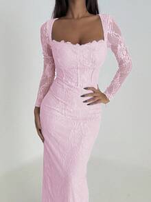 Ronhire 女士新款性感 S 形蕾丝长袖紧身连衣裙，带紧身胸衣和方形领口，适合派对、约会之夜、晚会、黑色、秋冬季 - 淺粉色 - 查看 5