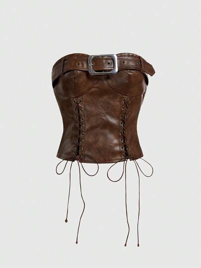 ROMWE Avant توب قصير مثير مزين بالجلد المشوه والأربطة