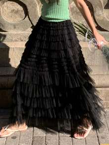 DAZY 女士优雅弹力腰带多层网纱裙 春季 - 黑色 - 查看 3