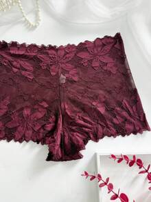 1pc Women's Sexy Lace Boyshorts, Romantic Simple Style Lingerie - Burgundy - View 4