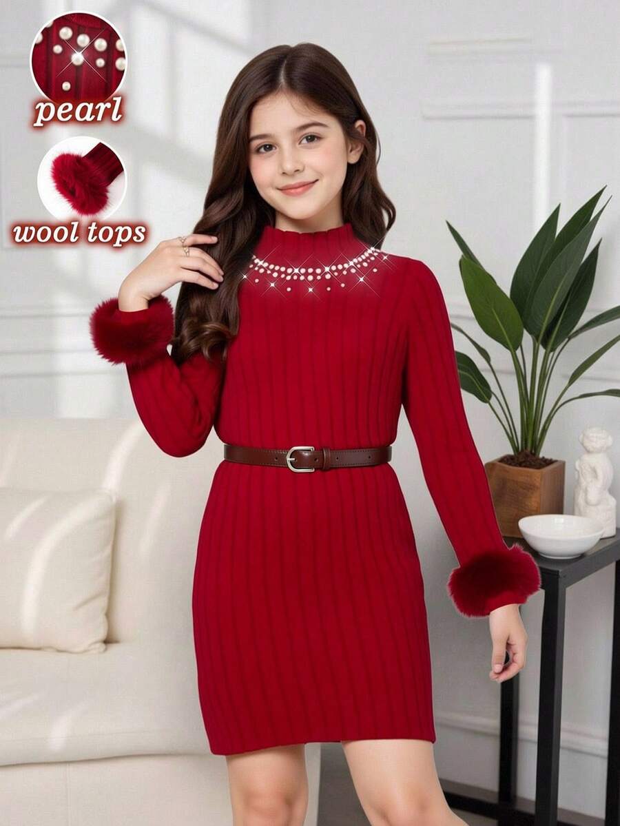 SHEIN 少女纯色连衣裙,秋冬季,时尚设计,仿毛皮袖口,长袖,罗纹针织,白色珍珠领,适合少女穿着,优雅温柔,百搭,适合日常穿着、活动、度假、摄影、节日、圣诞节、派对等场合。 - 酒紅色 - 查看 1