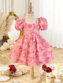 SHEIN 少女款3D网纱方领羊腿袖休闲连衣裙 - 粉色 - 查看 6