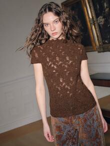 Anewsta 棕色优雅修身钩针镂空高领短袖女式T恤 - 棕色 - 查看 3