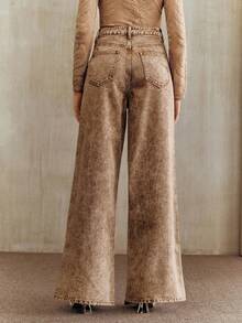 Anewsta Elaire 女士高腰时尚刺绣镂空直筒宽松阔腿牛仔裤 - 卡其色 - 查看 3