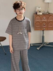 DAZY 男童条纹短袖上衣和裤子睡衣套装（春季款） - 灰色 - 查看 6
